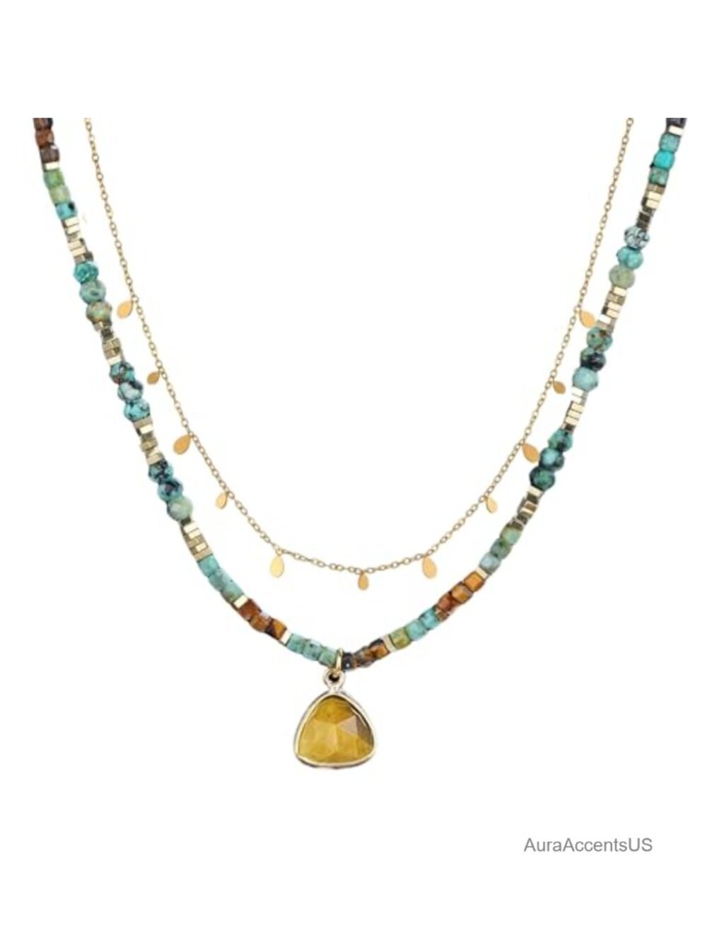 Handmade Natural Jasper Stone Beaded Crystal Two-Tier Necklace
